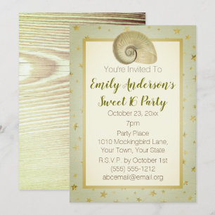 Summer Beach Seashell Rustic Wood Sweet 16 Invitation