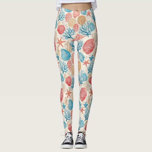 Summer Beach Seashell Starfish Blue Red Pattern Leggings (Front)