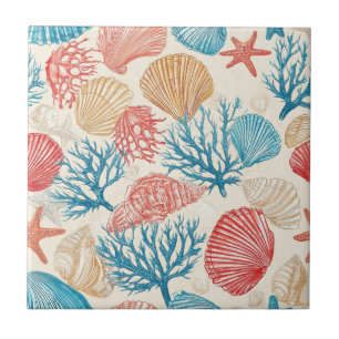 Summer Beach Seashell Starfish Blue Red Pattern Tile