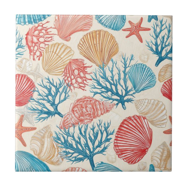 Summer Beach Seashell Starfish Blue Red Pattern Tile (Front)
