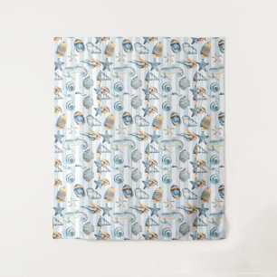 Summer Beach Seashell Watercolor Blue White Tapestry