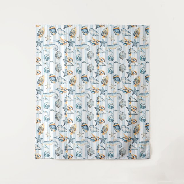 Summer Beach Seashell  Watercolor Blue White  Tapestry (Front)