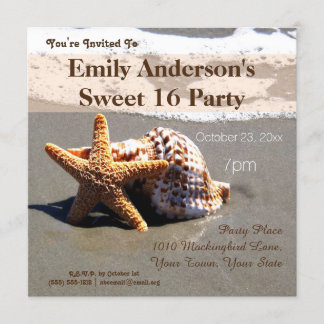 Summer Beach Starfish Seashell Sweet 16 Birthday Invitation