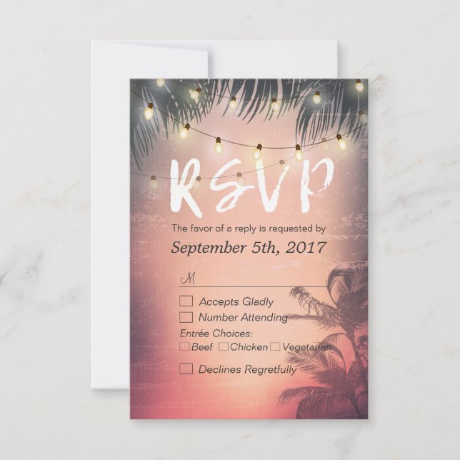 Summer Beach String Lights Chic Wedding RSVP Reply (Front)