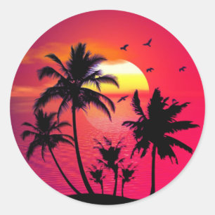 Summer Beach Sunset Palm Birds illustration Classic Round Sticker