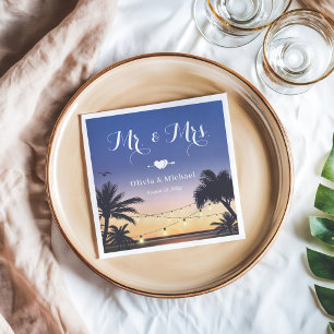 Summer Beach Sunset Palm Tree Mr and Mrs Wedding Napkin