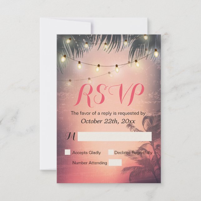 Summer Beach Sunset & String Light RSVP Reply Card (Front)