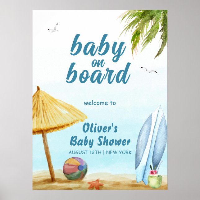 Summer Beach Surfboard Baby Shower Welcome Poster (Front)
