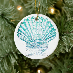 summer beach teal blue watercolor mermaid seashell ceramic tree decoration