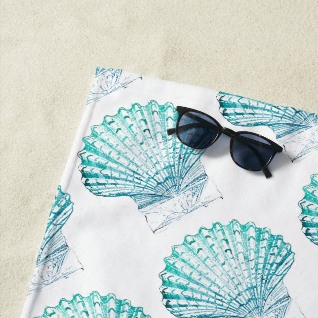 summer beach teal blue watercolor mermaid seashell towel (In Situ)