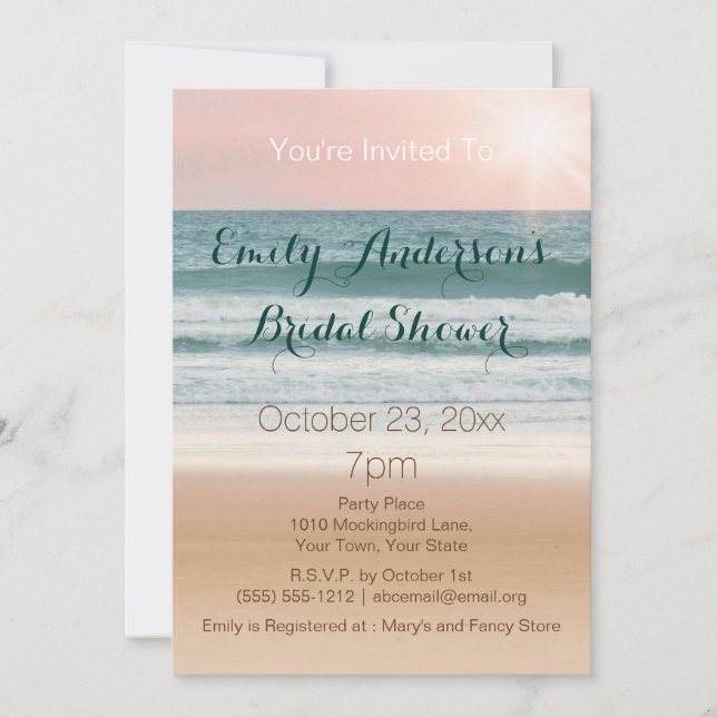 Summer Beach Theme Pink Sunset Bridal Shower Invitation (Front)