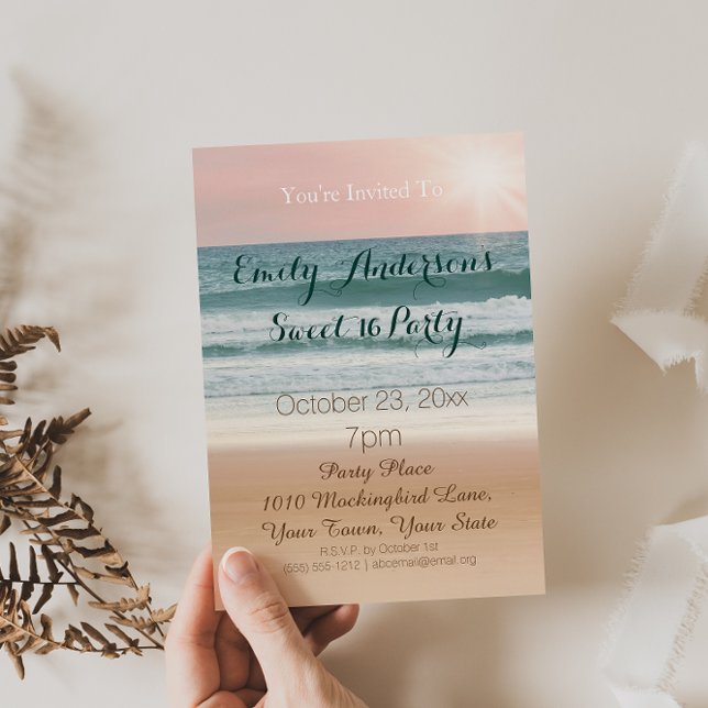Summer Beach Theme Pink Sunset Sweet 16 Birthday Invitation (Creator Uploaded)