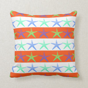 Summer Beach Theme Starfish on Orange Stripes Cushion
