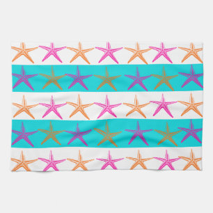 Summer Beach Theme Starfish on Teal Stripes Tea Towel