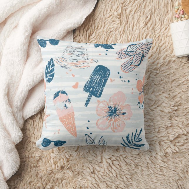 Summer Beach Tropical Blue Coral Striped  Cushion (Blanket)