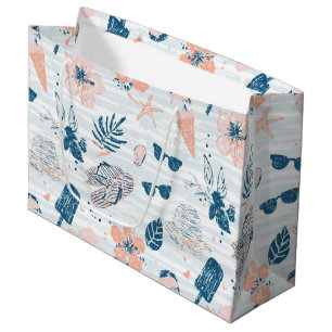 Summer Beach Tropical Blue Coral Striped  Large Gift Bag