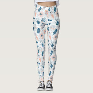 Summer Beach Tropical Blue Coral Striped Leggings