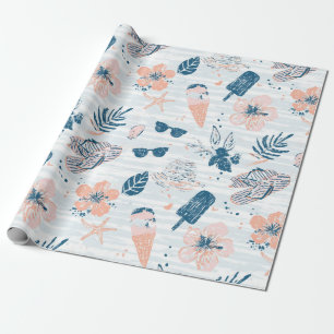 Summer Beach Tropical Blue Coral Striped Wrapping Paper