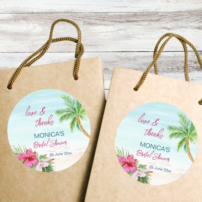 Summer beach tropical bridal shower favour classic round sticker (Summer beach tropical bridal shower thank you favor stickers pink hibiscus palm trees ocean)