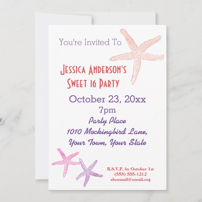 Summer Beach Tropical Starfish Sweet 16 Birthday Invitation (Front)