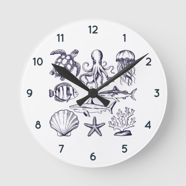  Summer beach turtle Fish Shark Octopus Seashell   Round Clock (Front)