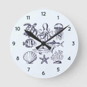 Summer beach turtle Fish Shark Octopus Seashell Round Clock