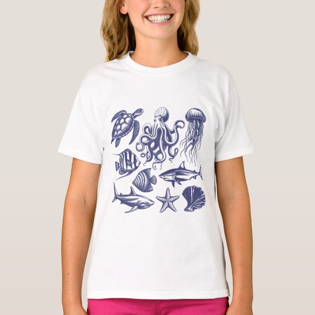 Summer beach turtle Fish Shark Octopus Seashell   T-Shirt (Front)
