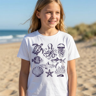  Summer beach turtle Fish Shark Octopus Seashell   T-Shirt