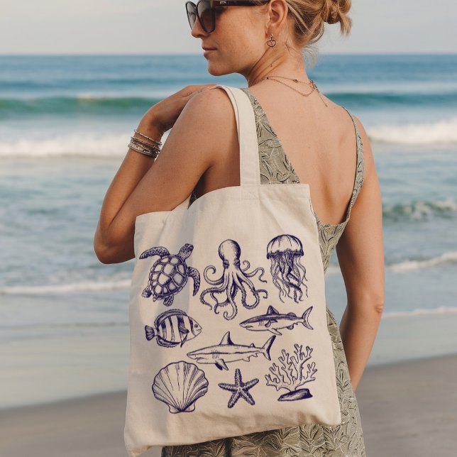  Summer beach turtle Fish Shark Octopus Seashell   Tote Bag (Creator Uploaded)
