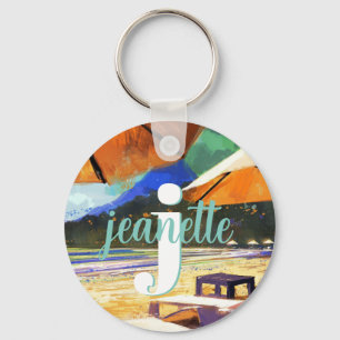 Summer Beach Umbrellas Name Monogram Key Ring