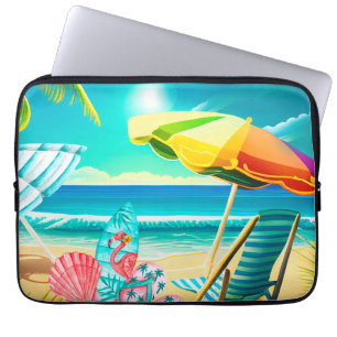 Summer beach umbrellas, surfboard, and tree laptop sleeve
