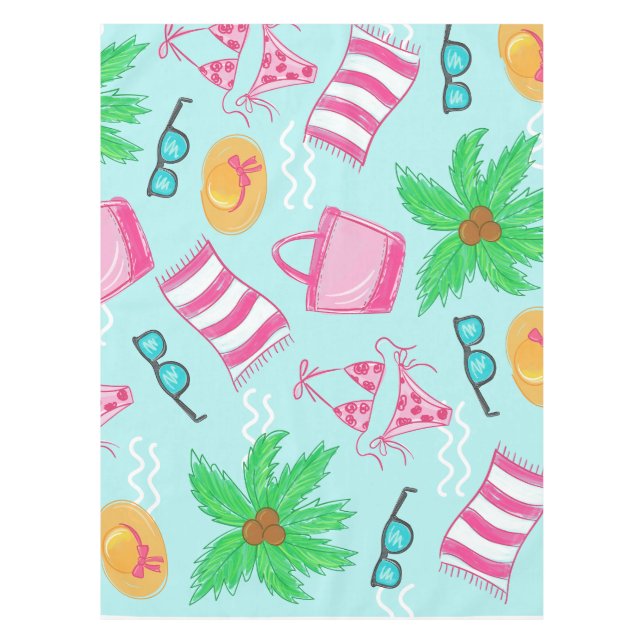 Summer Beach Vacation / Bikini Coastal Blue Tablecloth (Front)