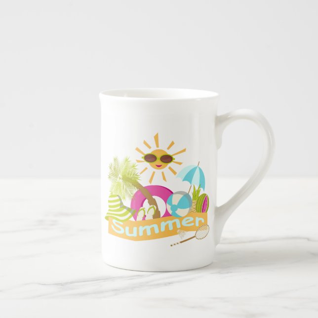 Summer beach vacation smiling sun in sunglasses  bone china mug (Right)