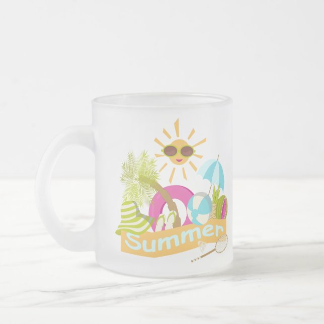 Summer beach vacation smiling sun in sunglasses  frosted glass coffee mug (Left)