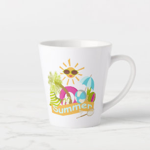 Summer beach vacation smiling sun in sunglasses  latte mug