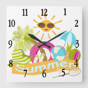 Summer beach vacation smiling sun in sunglasses square wall clock