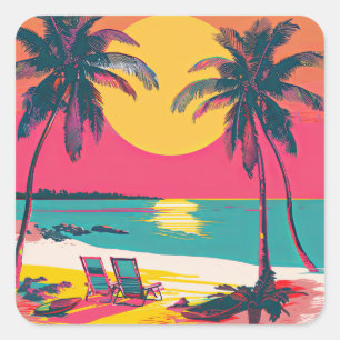 Summer Beach Vibe Retro Surfer Palm Trees Sunset Square Sticker