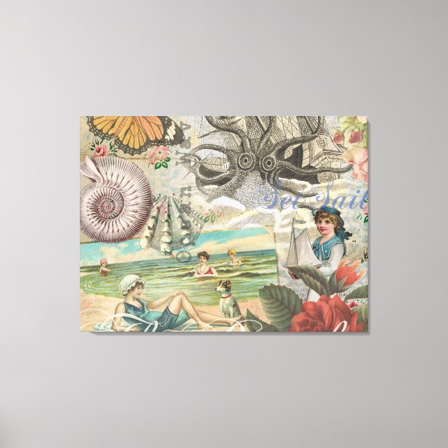 summer beach vintage octopus antique sailing canvas print (Front)