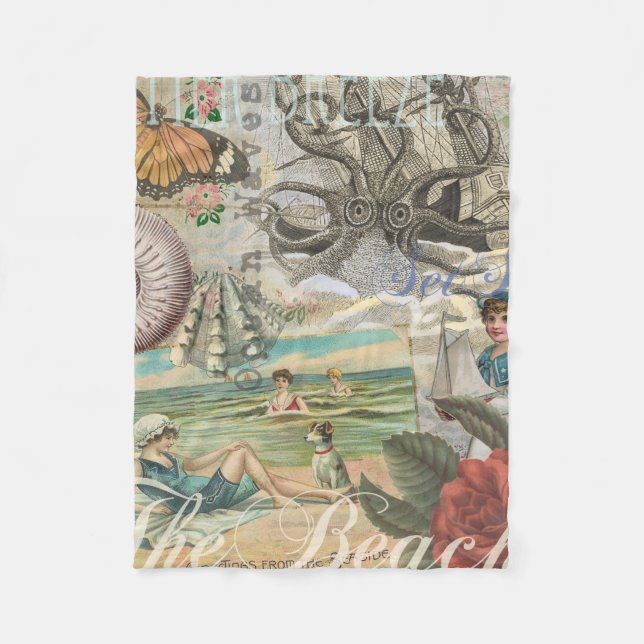 summer beach vintage octopus antique sailing fleece blanket (Front)