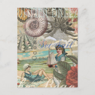 summer beach vintage octopus antique sailing postcard