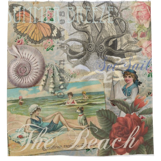 summer beach vintage octopus antique sailing shower curtain (Front)