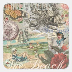 summer beach vintage octopus antique sailing square sticker