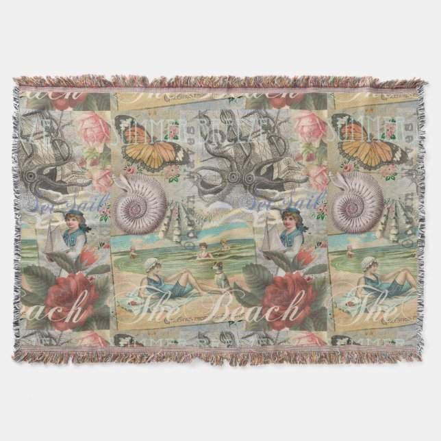 summer beach vintage octopus antique sailing throw blanket (Front)