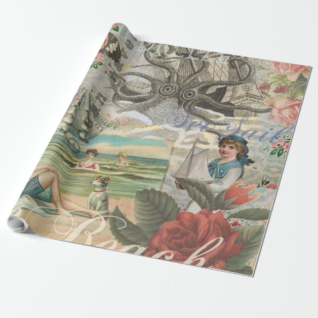 summer beach vintage octopus antique sailing wrapping paper (Unrolled)