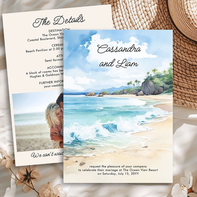 Summer Beach Watercolor Wedding & Details Photo Invitation (Photo Wedding Invitation and Details from the Summer Beach Wedding Collection by Darling & May)