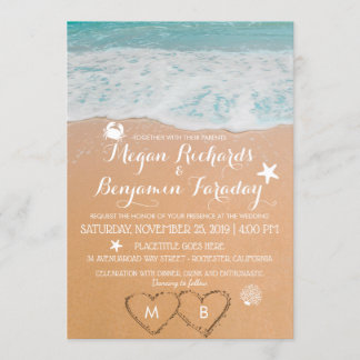 Summer Beach Wedding Hearts Name in the Sand Invitation