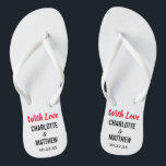 Summer Beach Wedding Modern Typography Flip Flops<br><div class="desc">These modern typography flip flops are a fun thank you favour for any couple who is having their wedding during the summer or a destination wedding at the beach! Personalise with the bride and groom's names and wedding date. You can keep the With Love message or create your own custom...</div>