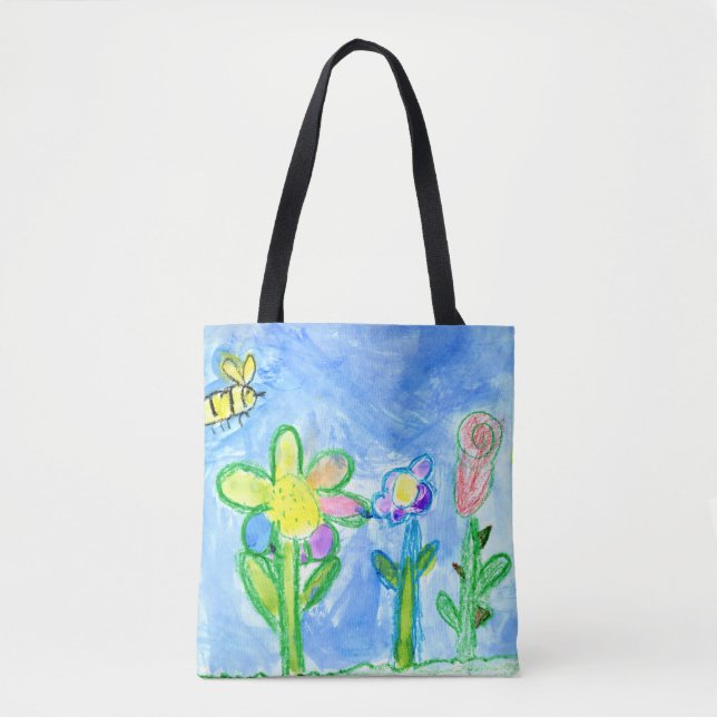 Summer Bee and Flowers, Child's Drawing Artwork Tote Bag (Front)