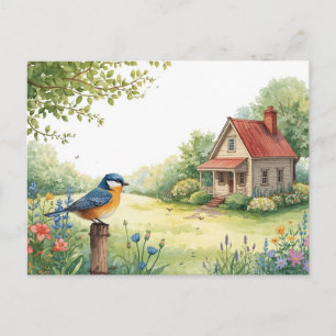 Summer Bird Nature House Postcard Watercolor