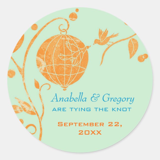 Summer Birds Mint Green Wedding Classic Round Sticker (Front)
